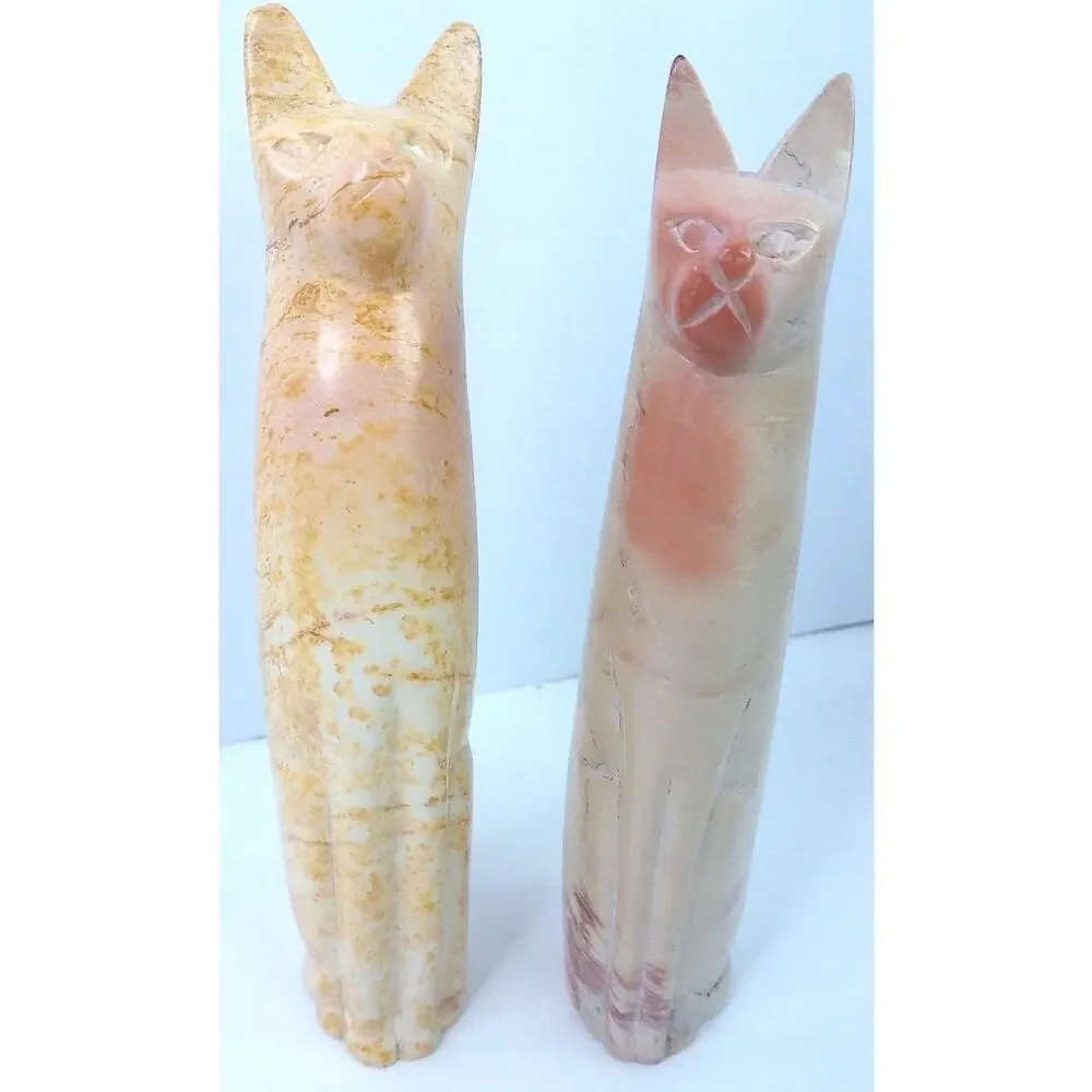 Vintage Tall Cat Soapstone Figurines Handmade Kenya Set of 2